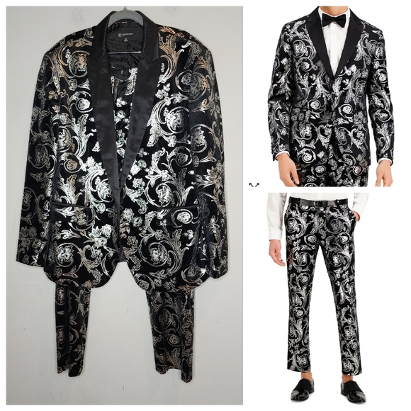 INC International Concepts Other - INC Black Velvet Silver Jacquard Blazer & Slim Pants. Men's size XXL & 38 pants.